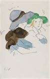 LOUIS VALTAT Three watercolor and pencil studies of women.